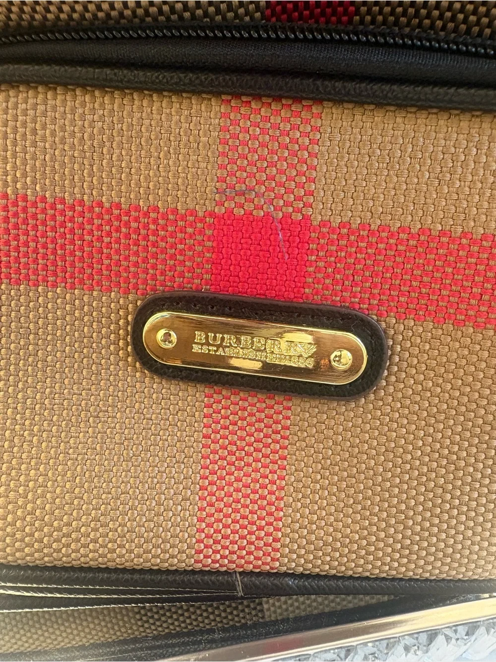 Designer-Inspired Tan Check Backpack with Black Trim and Red Stripe